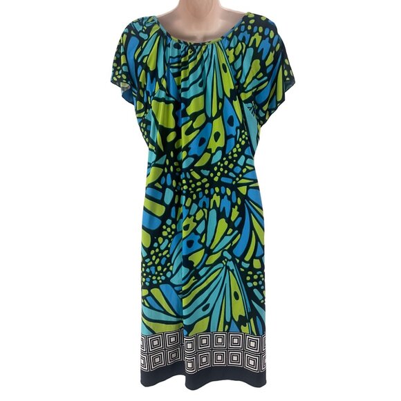 Size 1X 16 18 ABSTRACT PRINT EMBELLISHED FLUTTER SLEEVE DRESS Summer PLUS SIZE - Picture 4 of 5